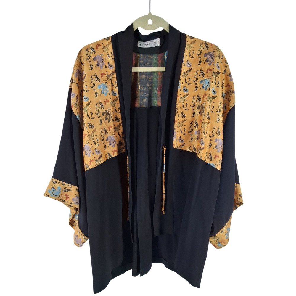 Vintage Bowdon Kimono Jacket Black Yellow Floral Butterfly Tapestry Coin Tie